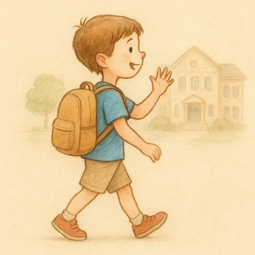 Illustrierte Lernkarte — Zur Schule gehen