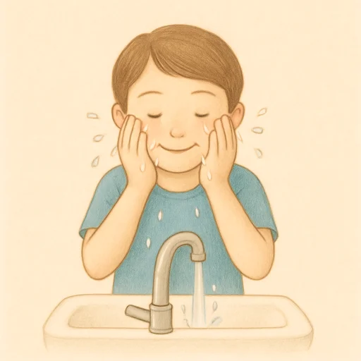 Illustrierte Lernkarte — Gesicht waschen