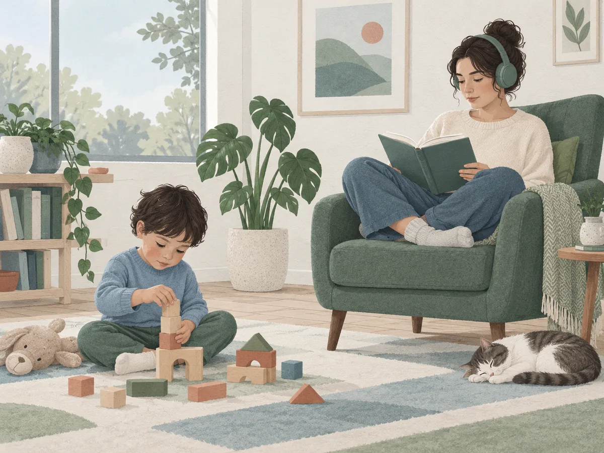 Illustration of a child playing with wooden blocks and an adult reading with headphones in a quiet room.