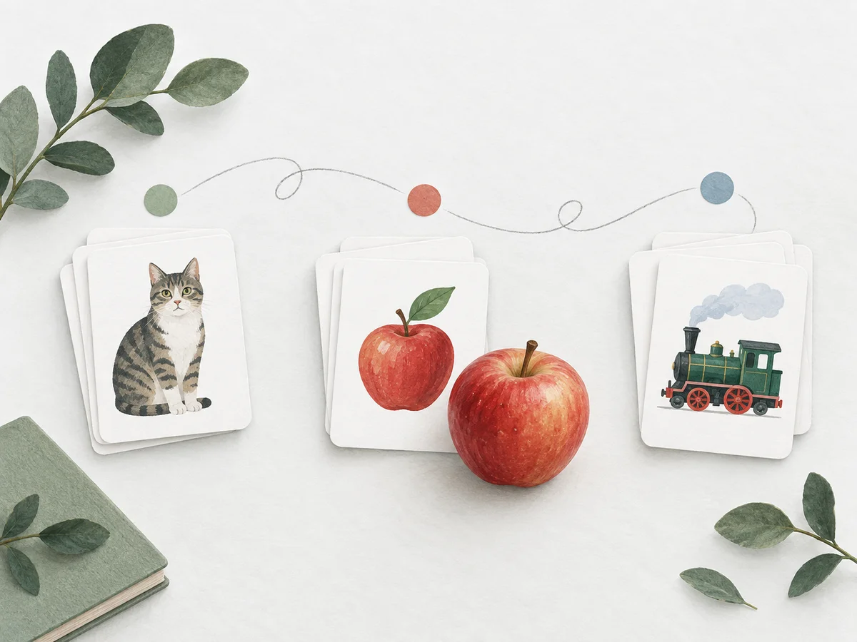 Picture flashcards showing a cat, an apple, and a train, with a real apple beside its matching card.